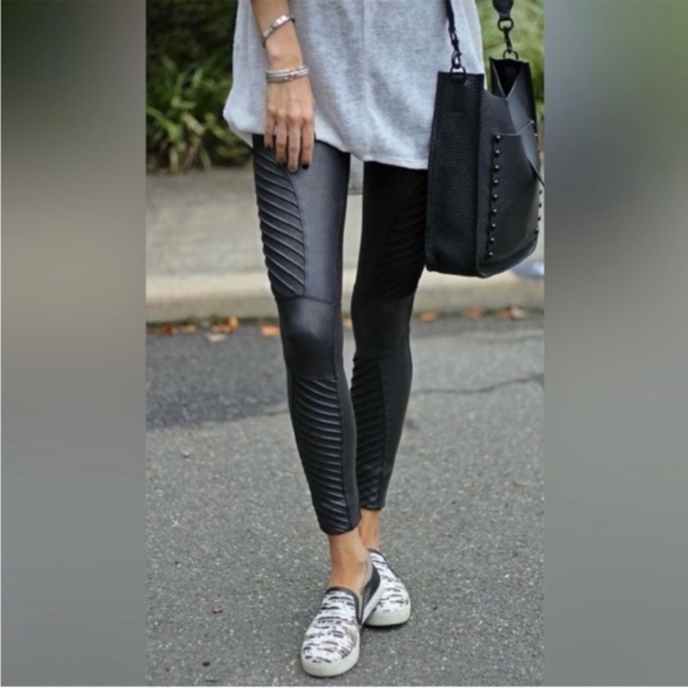 Spanx Women's SMALL Faux Leather Black Moto High-Waisted Leggings BIKER EDGY